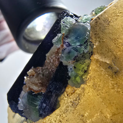 XL Rauchquarz, Fluorit, Schörl Turmalin, Hyalit Opal, Muskovit Erongo, Namibia 127*65*48mm #12842