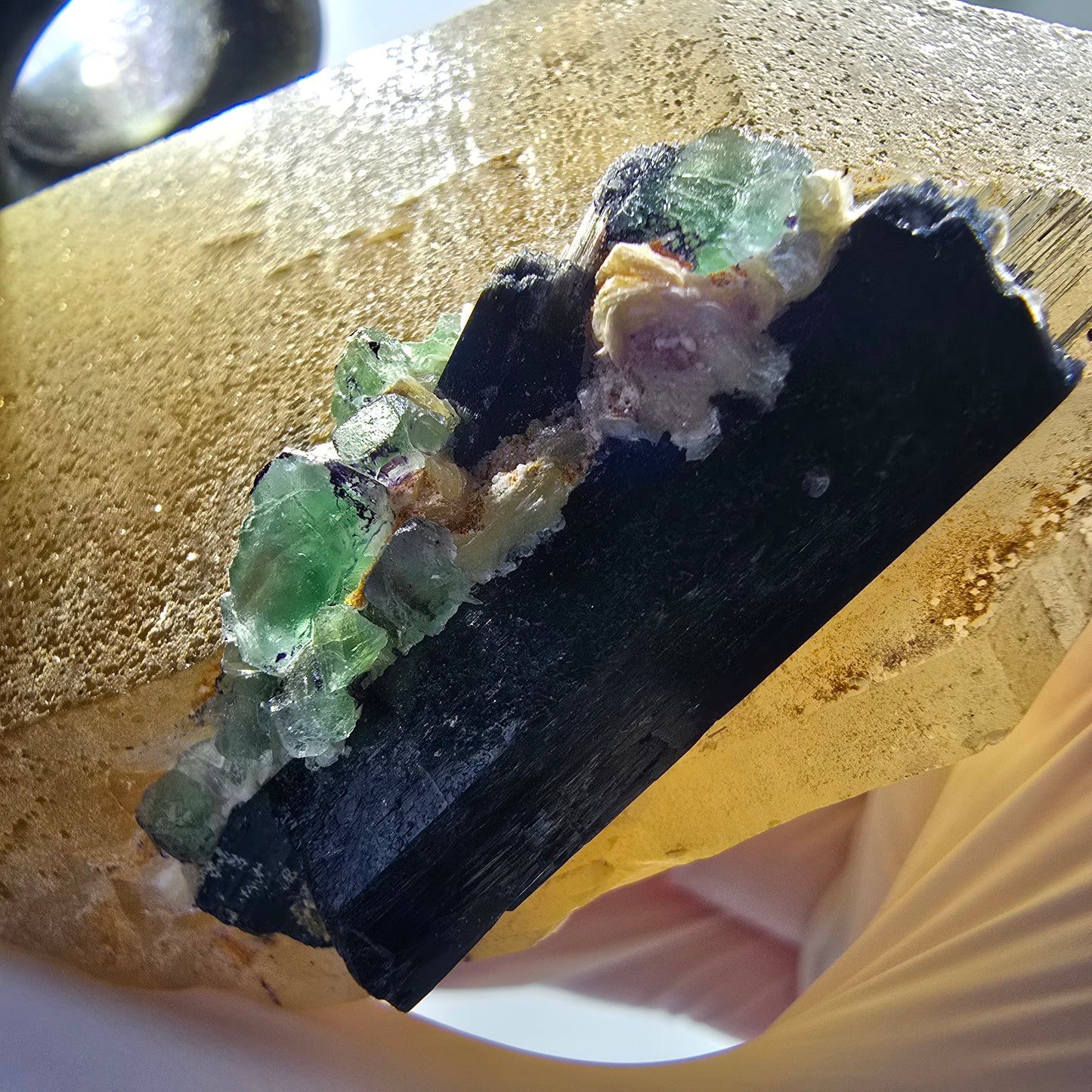 XL Rauchquarz, Fluorit, Schörl Turmalin, Hyalit Opal, Muskovit Erongo, Namibia 127*65*48mm #12842
