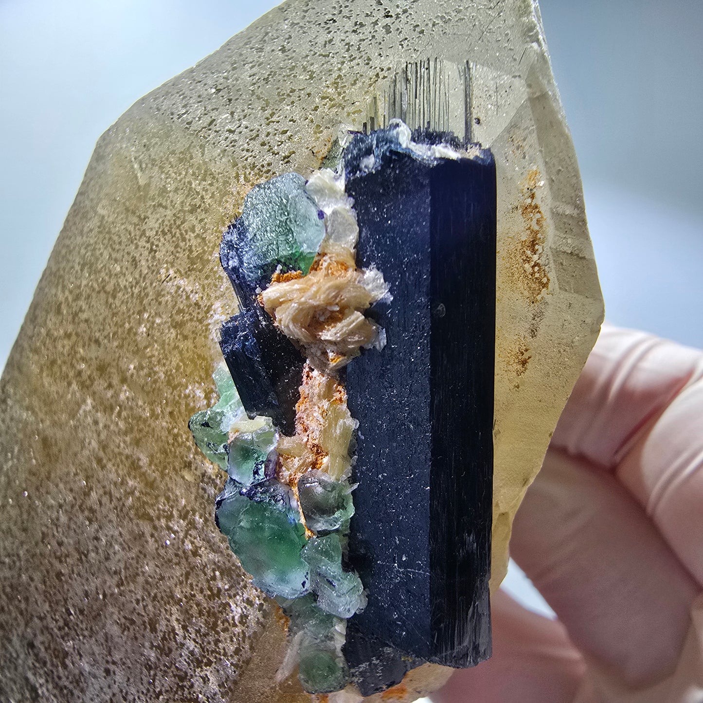 XL Rauchquarz, Fluorit, Schörl Turmalin, Hyalit Opal, Muskovit Erongo, Namibia 127*65*48mm #12842