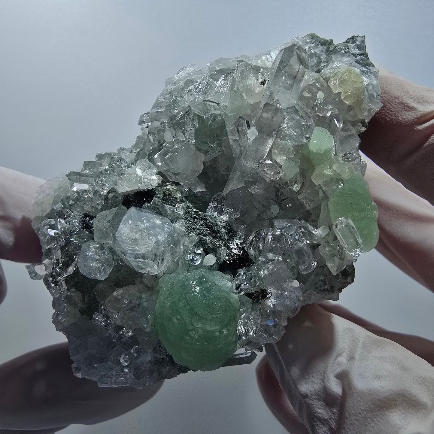 Prehnit, Starburst Quarz, Analcim, Calcit, Epidot Stufe Streep Mine Namibia 86*74*52mm #12849