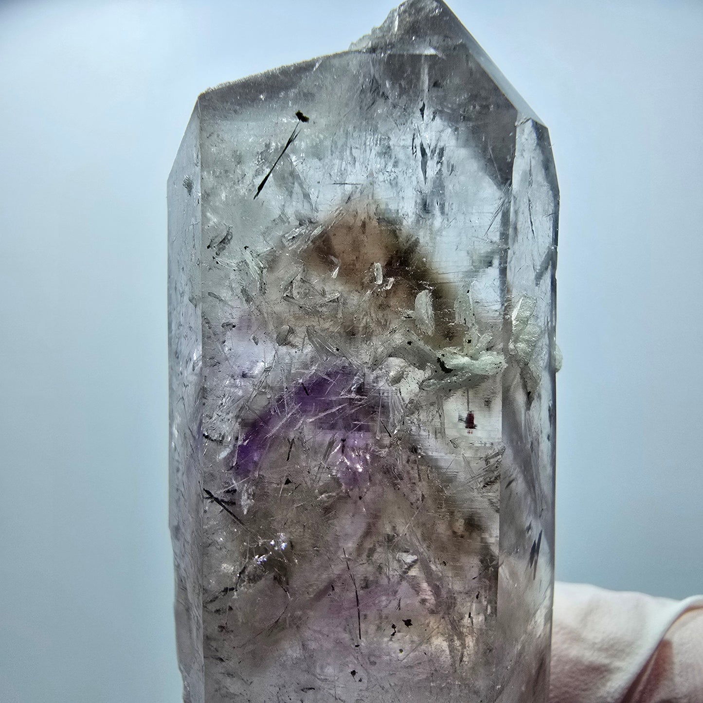 Enhydro Harlekin Phantom Amethyst mit Prehnit, Epidot Streep Mine Namibia 78*34*22mm #12850