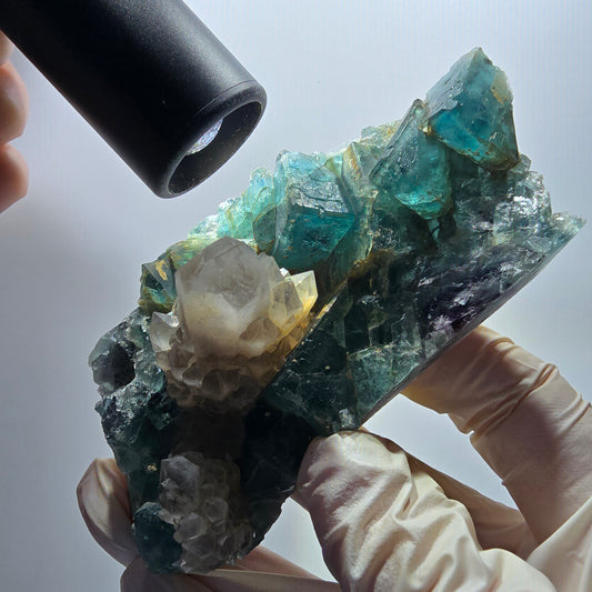 Phantom Fluorit Würfel, Quarz Stufe, grün lila Okorusu, Namibia 106*58*36mm #13065