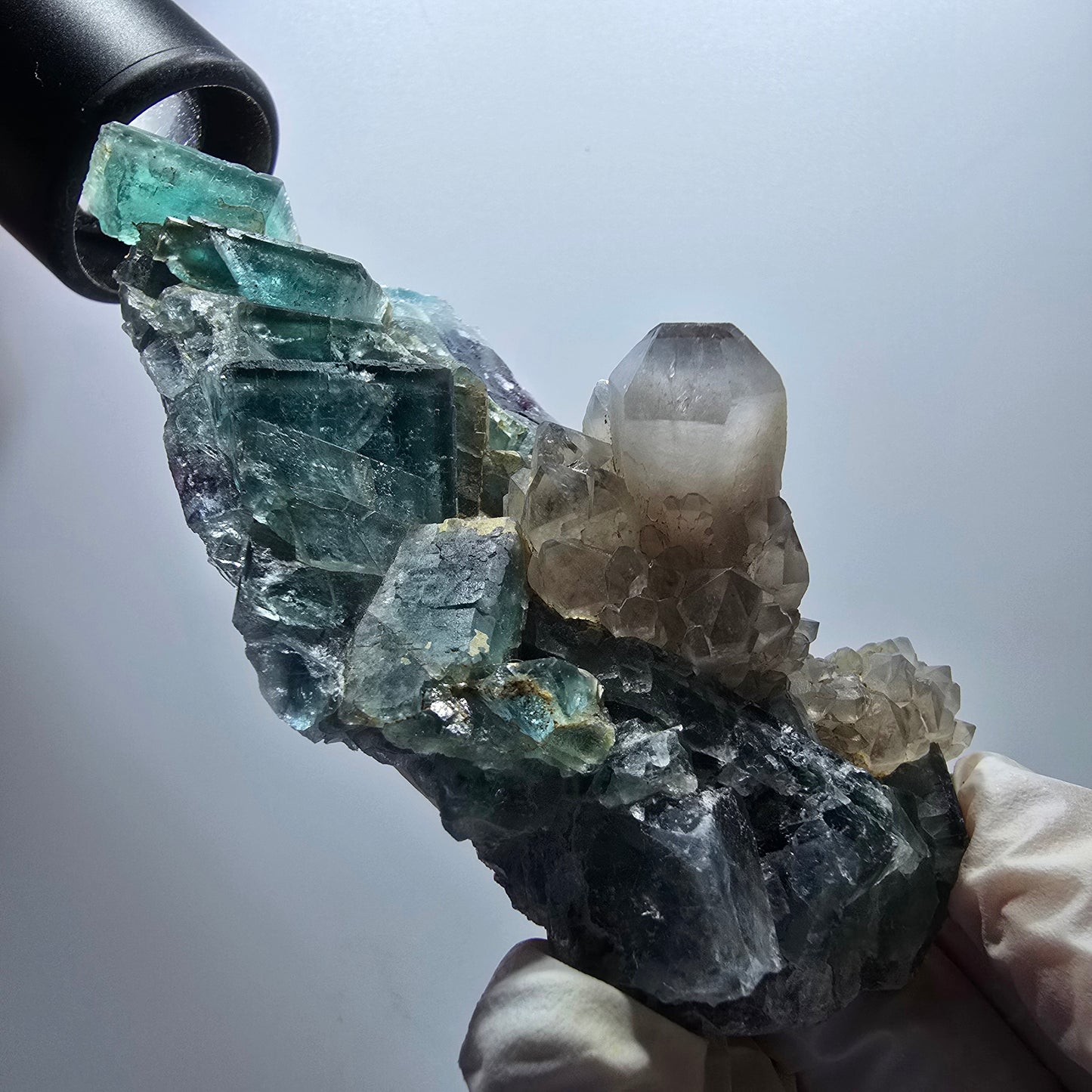 Phantom Fluorit Würfel, Quarz Stufe, grün lila Okorusu, Namibia 106*58*36mm #13065