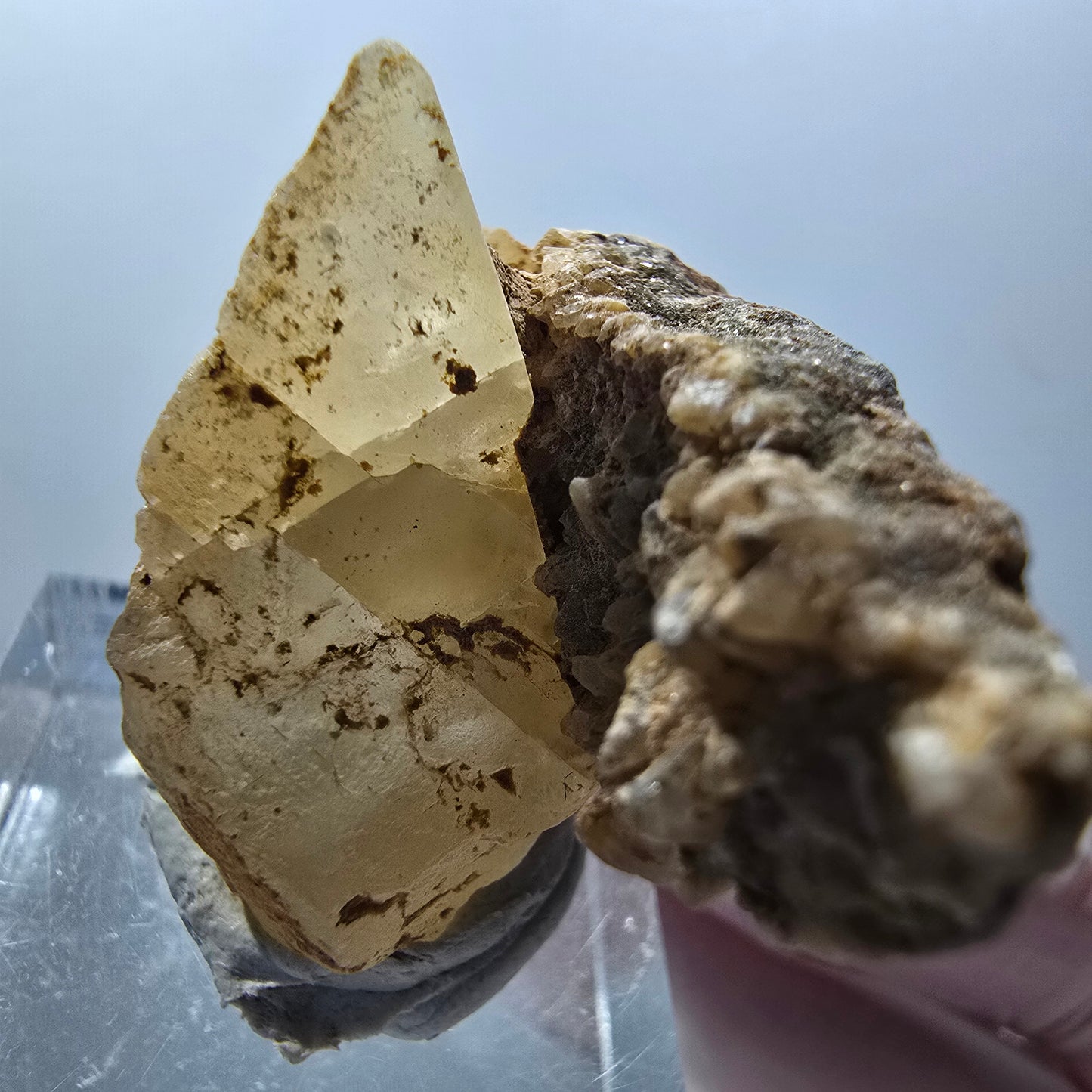 Seltene Calcit X auf Matrix Kristall Spitze, gelb Erongo, Namibia 35*30*20mm #13087