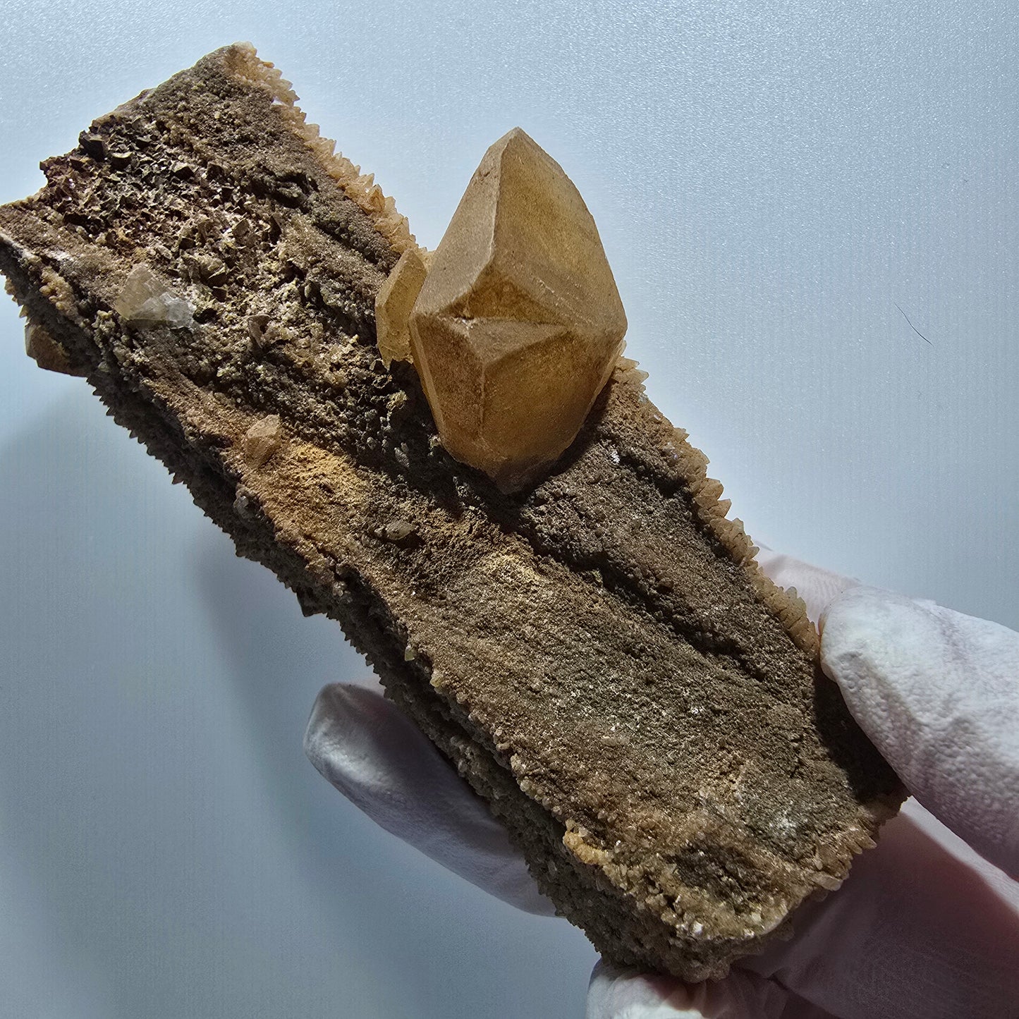 Seltene Calcit XX auf Matrix Kristall Spitze, gelb Erongo, Namibia 108*43*38mm #13116