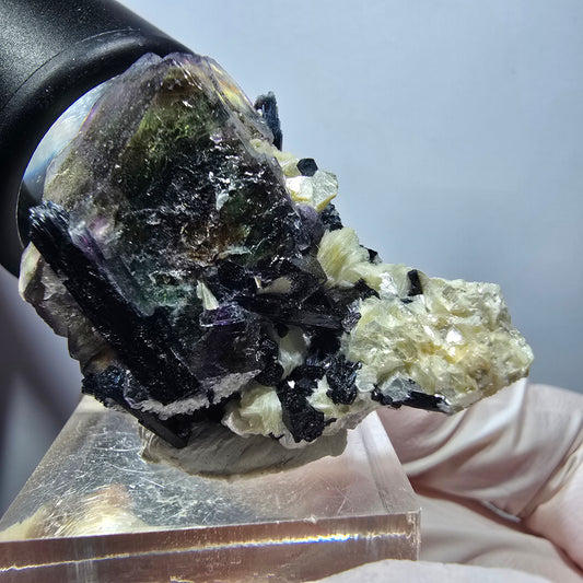 Bunte Phantom Fluorit Würfel, Schörl Turmalin, Muskovit Stufe Erongo, Namibia 38*30*22mm #13129