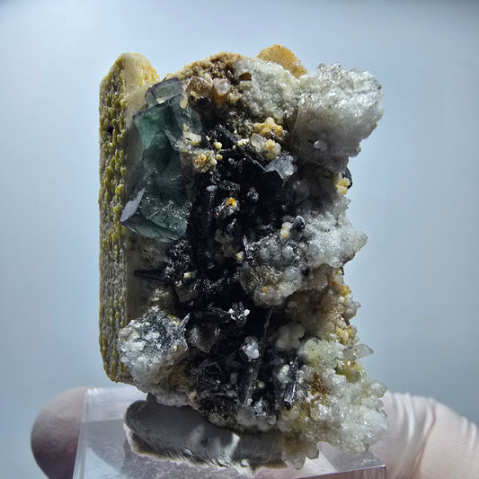 Phantom Fluorit, Hyalit Opal, Schörl Turmalin auf Orthoklas Erongo, Namibia 44*30*23mm #13170