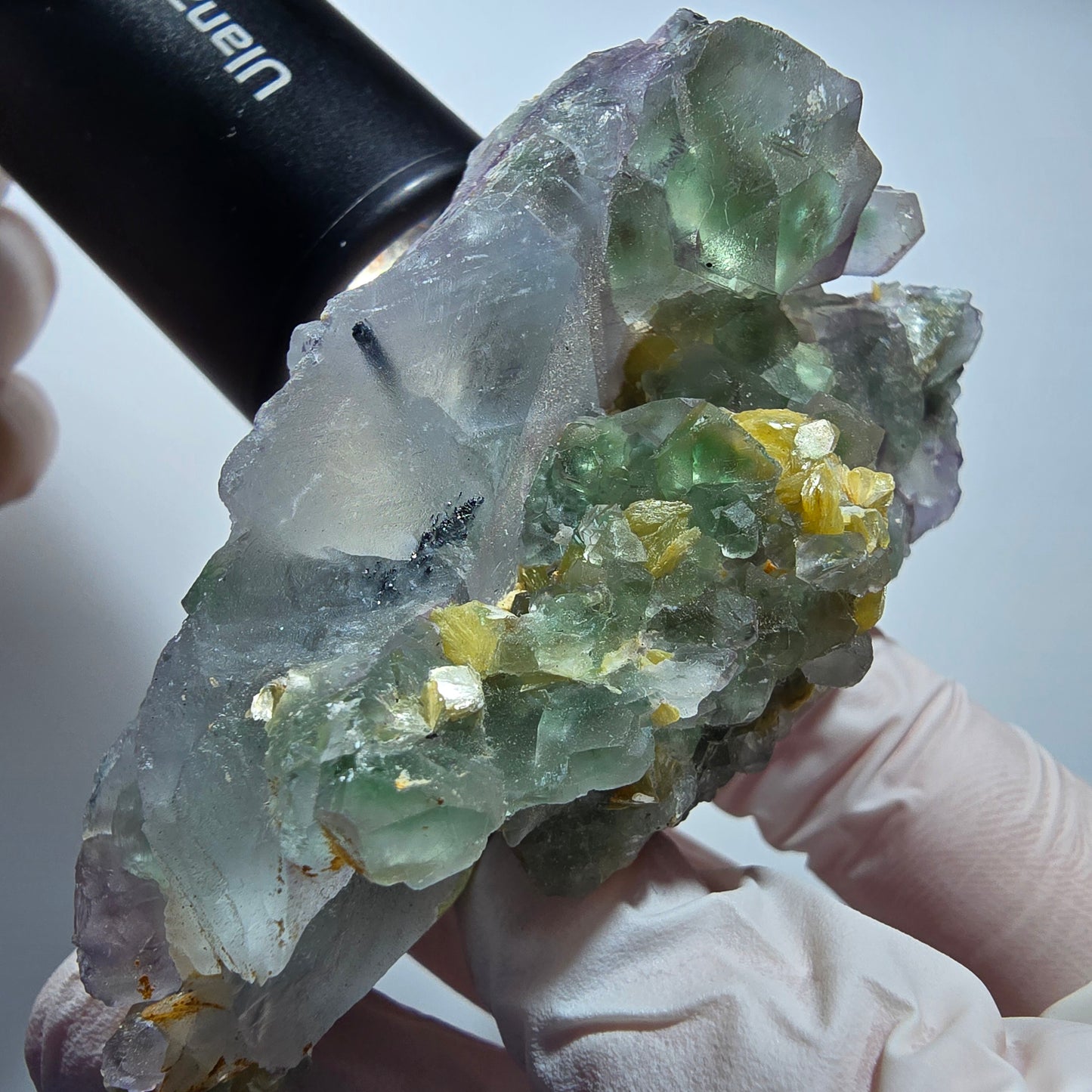 Phantom Fluorit, Hyalit Opal, Schörl Turmalin, Muskovit Erongo, Namibia 77*43*40mm #13171