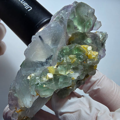 Phantom Fluorit, Hyalit Opal, Schörl Turmalin, Muskovit Erongo, Namibia 77*43*40mm #13171