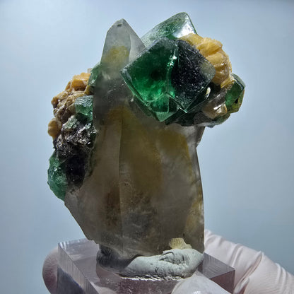 Phantom Fluorit, Hyalit Opal, Rauchquarz, Muskovit Erongo, Namibia 51*49*30mm #13172