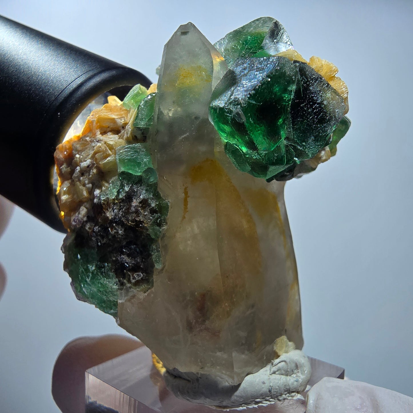 Phantom Fluorit, Hyalit Opal, Rauchquarz, Muskovit Erongo, Namibia 51*49*30mm #13172