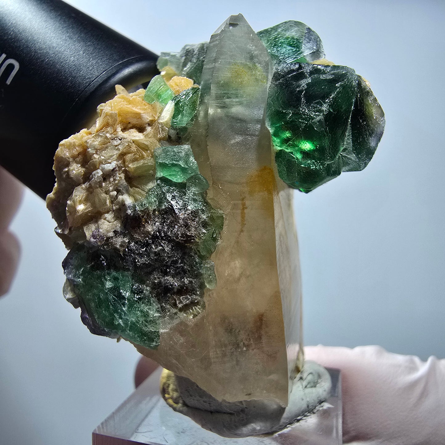 Phantom Fluorit, Hyalit Opal, Rauchquarz, Muskovit Erongo, Namibia 51*49*30mm #13172