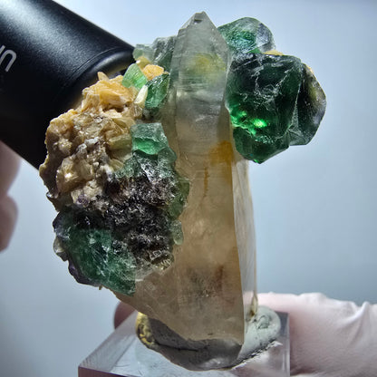 Phantom Fluorit, Hyalit Opal, Rauchquarz, Muskovit Erongo, Namibia 51*49*30mm #13172