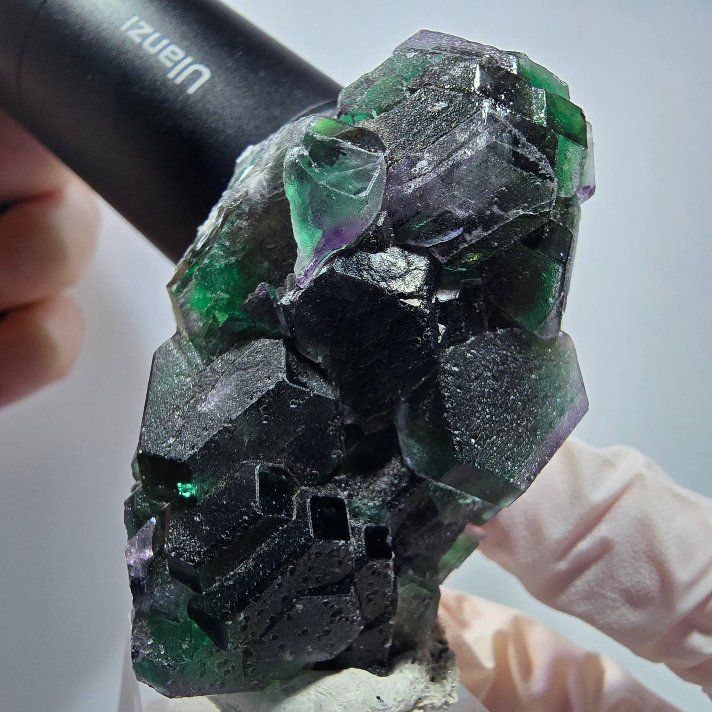 Phantom Fluorit Würfel, hexagonal, Hyalit Opal, Muskovit Stufe Erongo, Namibia 61*38*33mm #13177