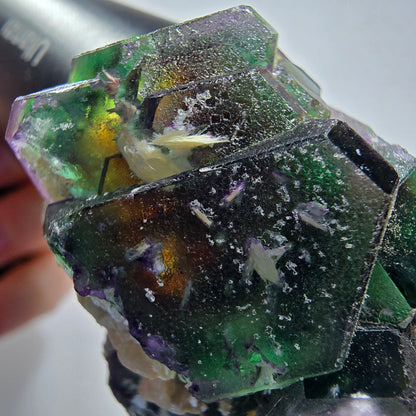 Phantom Fluorit Würfel, hexagonal, Hyalit Opal, Muskovit Stufe Erongo, Namibia 61*38*33mm #13177