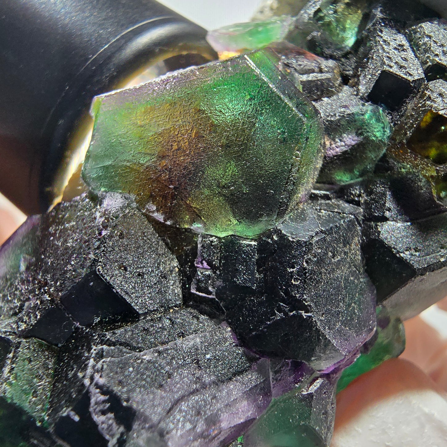 Phantom Fluorit Würfel, hexagonal, Hyalit Opal, Muskovit Stufe Erongo, Namibia 61*38*33mm #13177