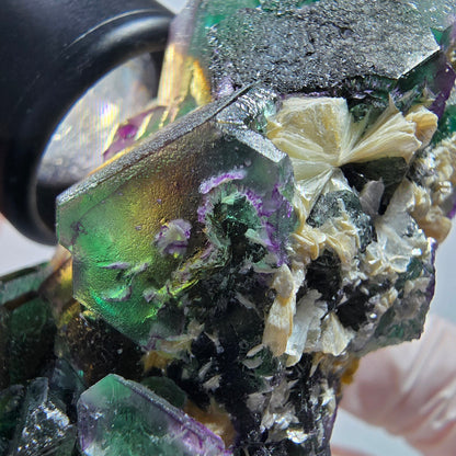 Phantom Fluorit Würfel, hexagonal, Hyalit Opal, Muskovit Stufe Erongo, Namibia 61*38*33mm #13177