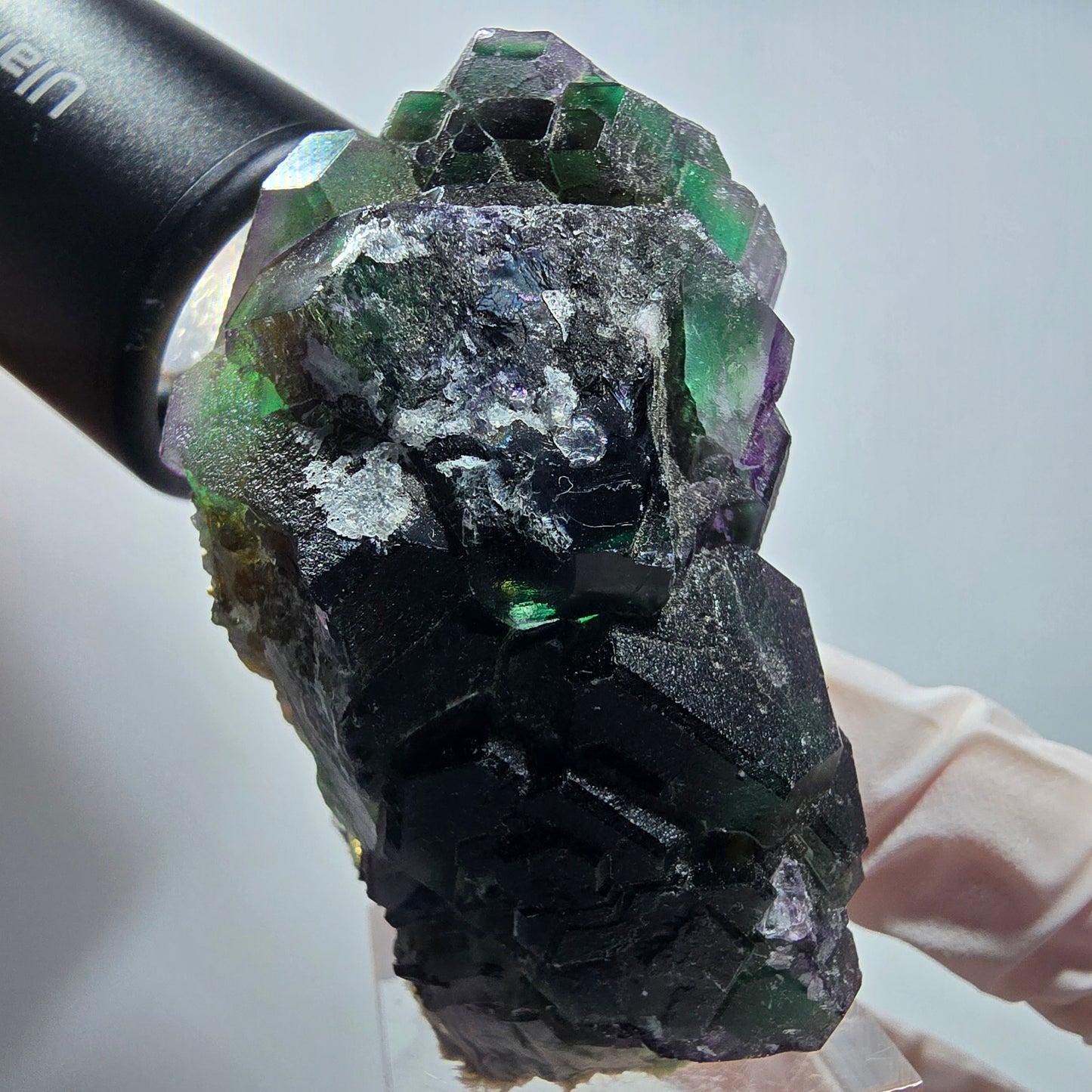 Phantom Fluorit Würfel, hexagonal, Hyalit Opal, Muskovit Stufe Erongo, Namibia 61*38*33mm #13177