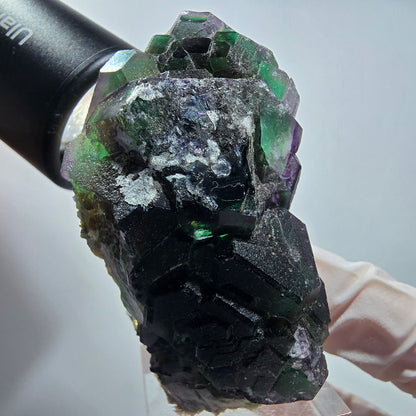 Phantom Fluorit Würfel, hexagonal, Hyalit Opal, Muskovit Stufe Erongo, Namibia 61*38*33mm #13177