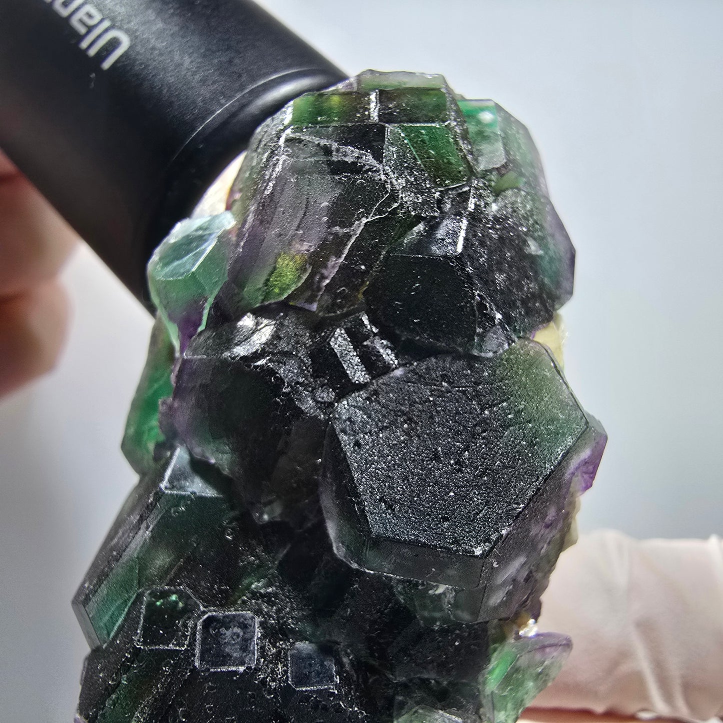Phantom Fluorit Würfel, hexagonal, Hyalit Opal, Muskovit Stufe Erongo, Namibia 61*38*33mm #13177