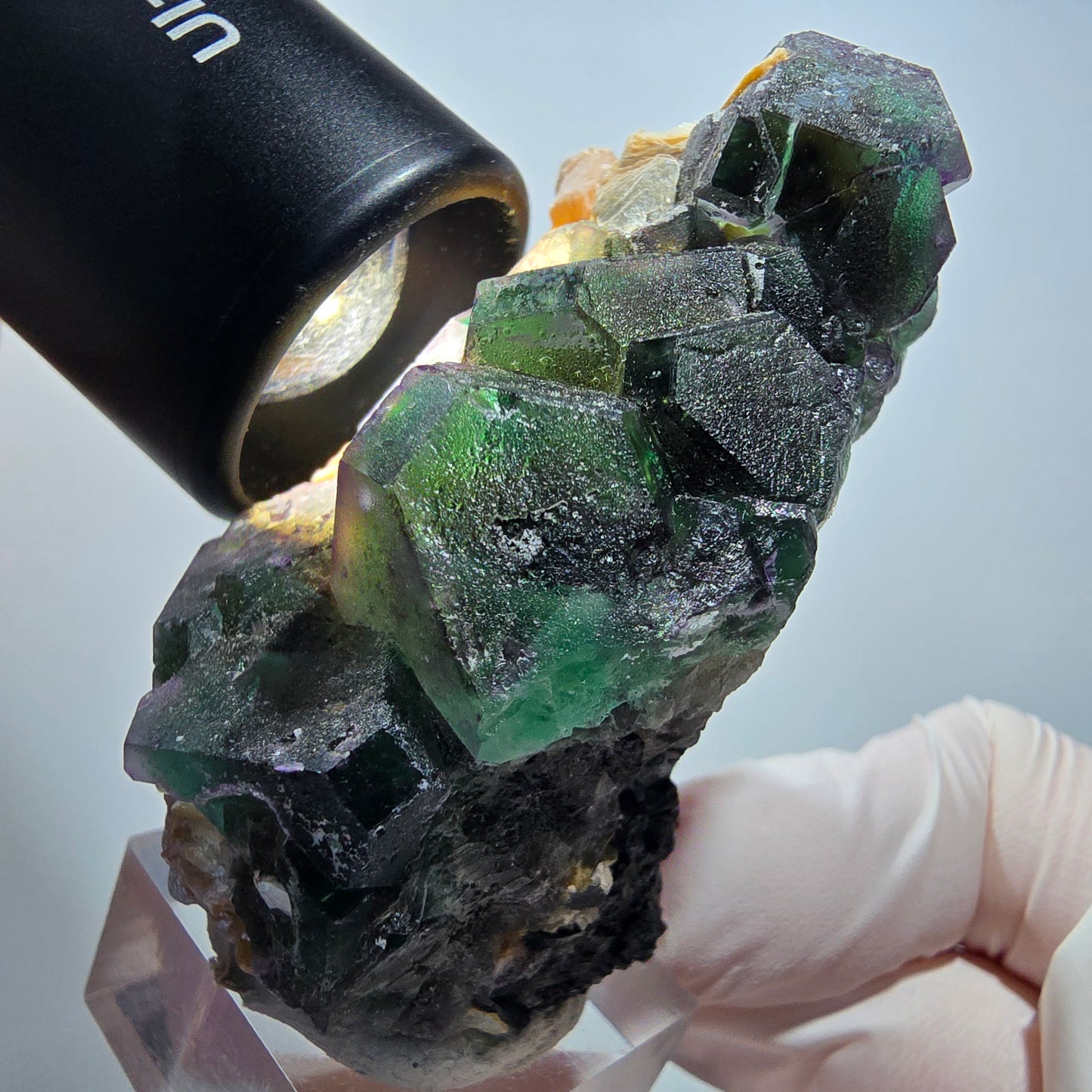 Phantom Fluorit Würfel, hexagonal, Muskovit Stufe Erongo, Namibia 65*47*39mm #13178