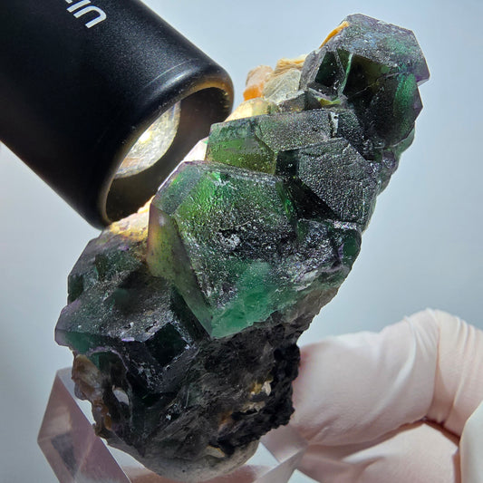 Phantom Fluorit Würfel, hexagonal, Muskovit Stufe Erongo, Namibia 65*47*39mm #13178
