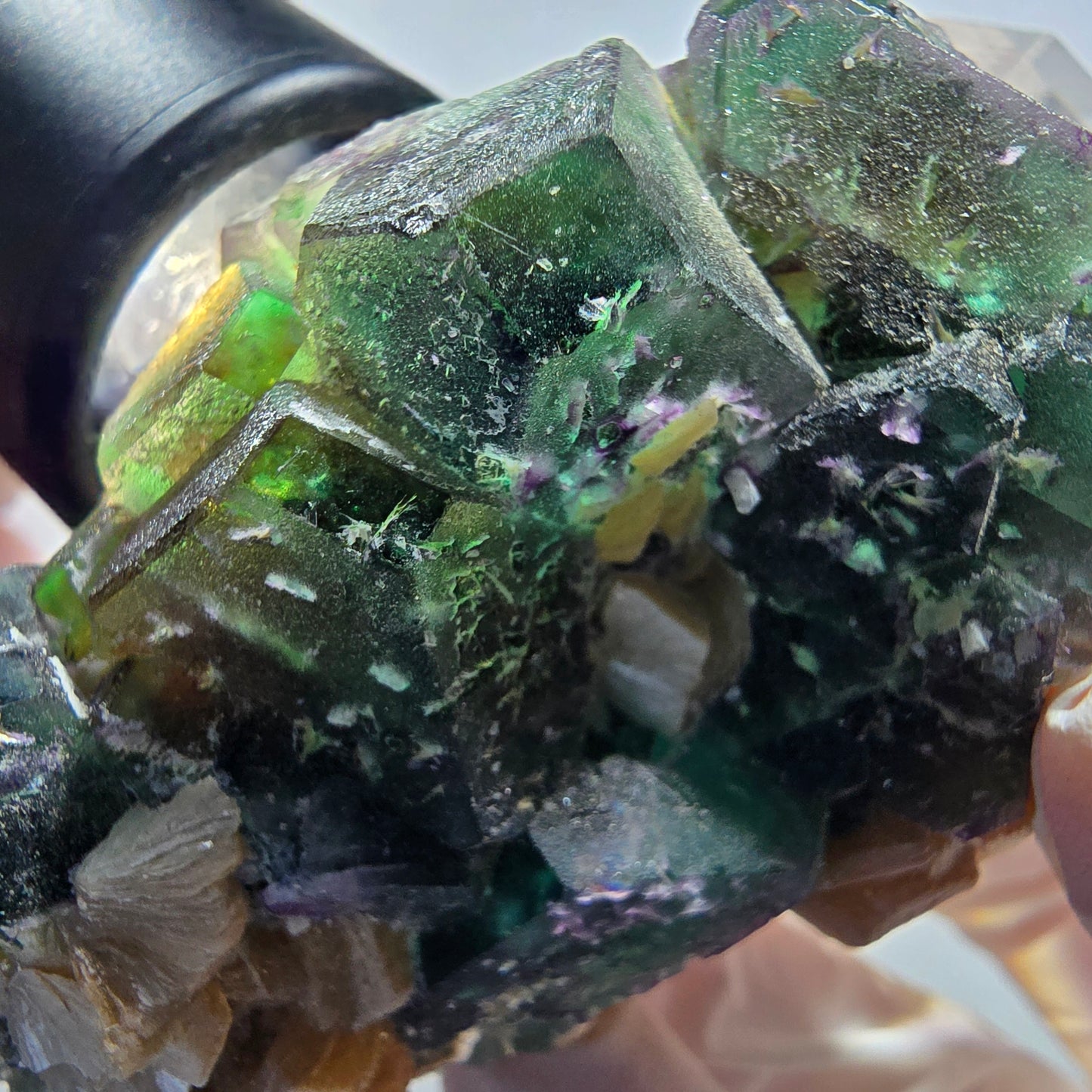 Phantom Fluorit Würfel, hexagonal, Muskovit Stufe Erongo, Namibia 65*47*39mm #13178