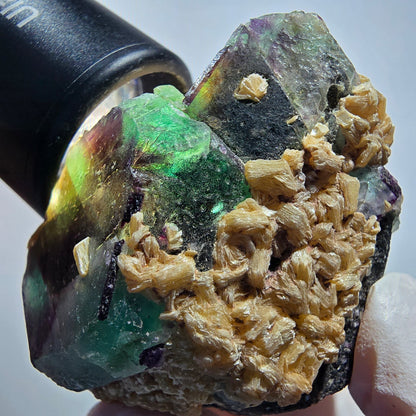 Phantom Fluorit Würfel, hexagonal, Muskovit Stufe Erongo, Namibia 57*54*36mm #13179