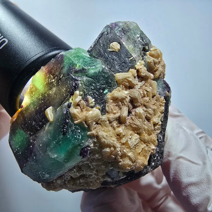 Phantom Fluorit Würfel, hexagonal, Muskovit Stufe Erongo, Namibia 57*54*36mm #13179