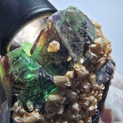 Phantom Fluorit Würfel, hexagonal, Muskovit Stufe Erongo, Namibia 57*54*36mm #13179