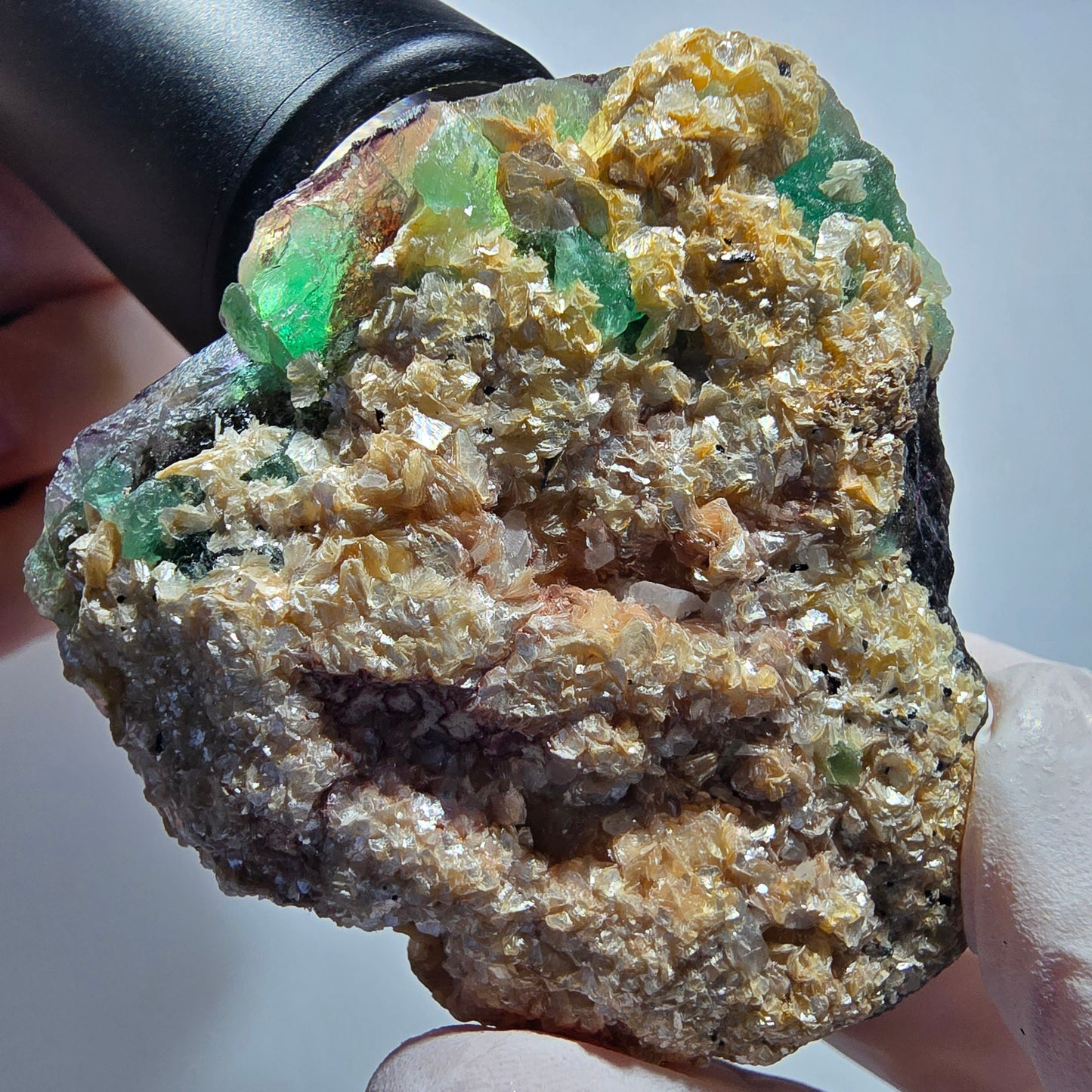 Phantom Fluorit Würfel, hexagonal, Muskovit Stufe Erongo, Namibia 57*54*36mm #13179