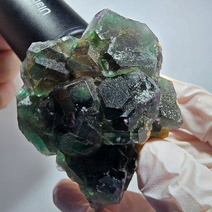 Phantom Fluorit Würfel, hexagonal, Muskovit Stufe Erongo, Namibia 62*53*42mm #13180