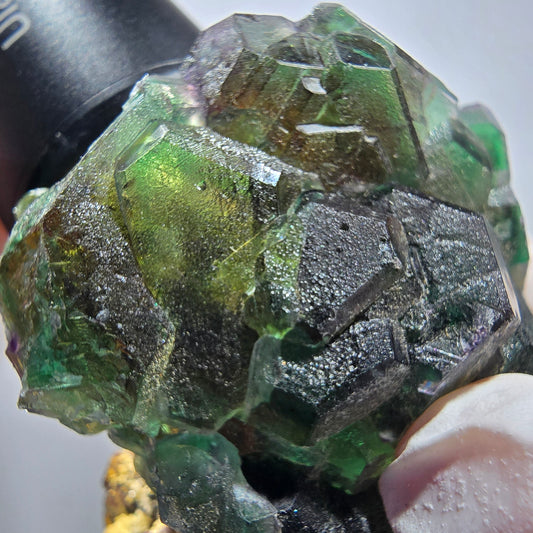 Phantom Fluorit Würfel, hexagonal, Muskovit Stufe Erongo, Namibia 62*53*42mm #13180