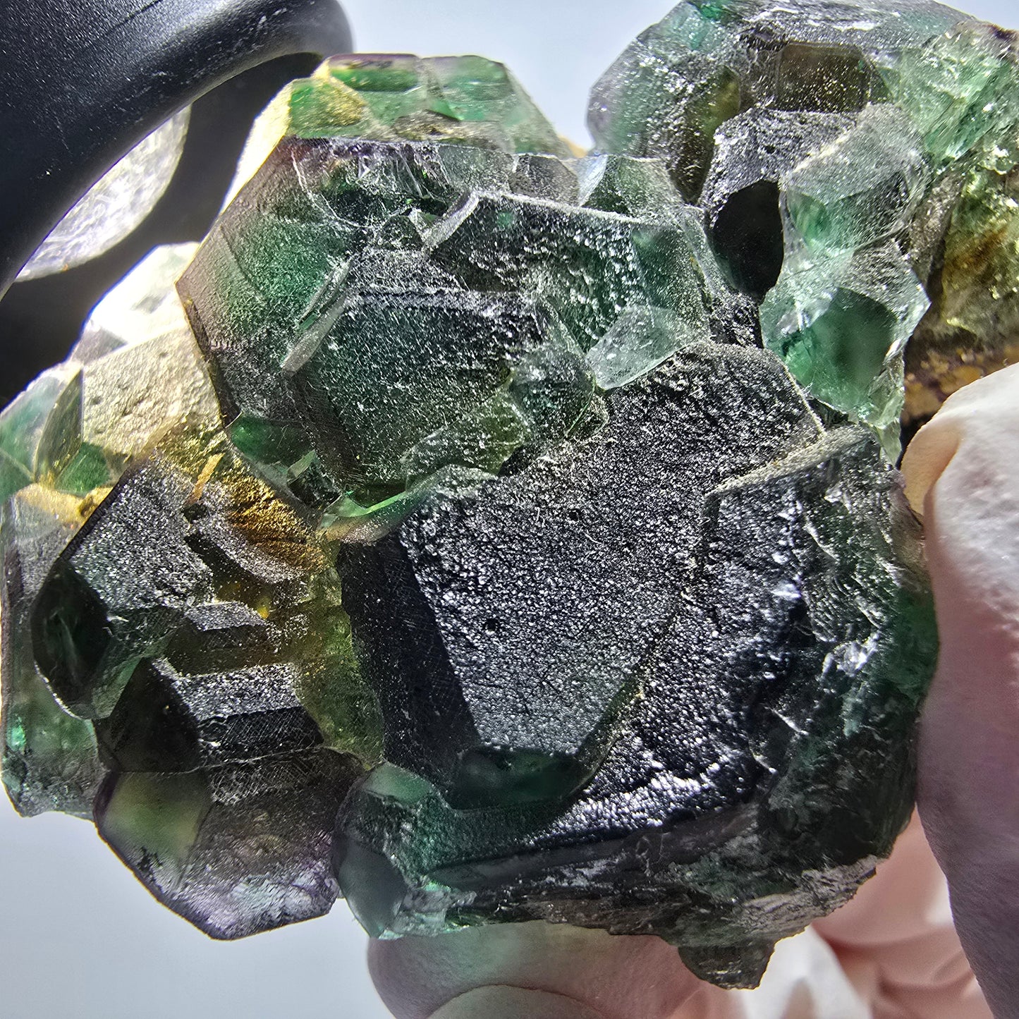 Phantom Fluorit Würfel, hexagonal, Muskovit Stufe Erongo, Namibia 62*53*42mm #13180