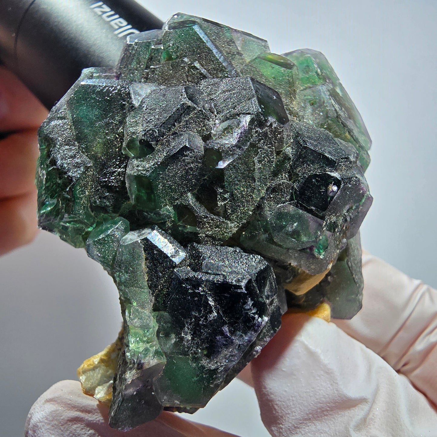Phantom Fluorit Würfel, hexagonal, Muskovit Stufe Erongo, Namibia 62*53*42mm #13180