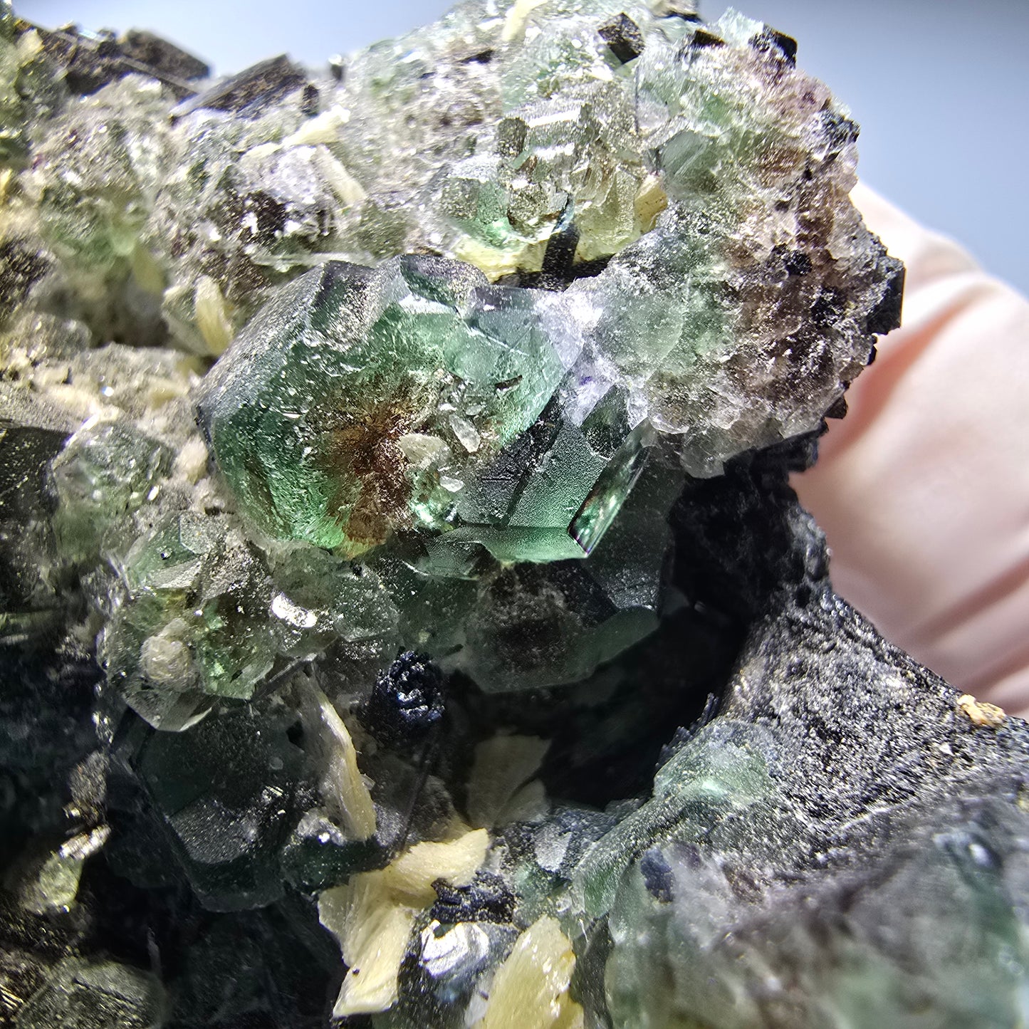 Phantom Fluorit, hexagonal, Hyalit, Schörl Turmalin, Muskovit Erongo, Namibia 66*5935mm #13181