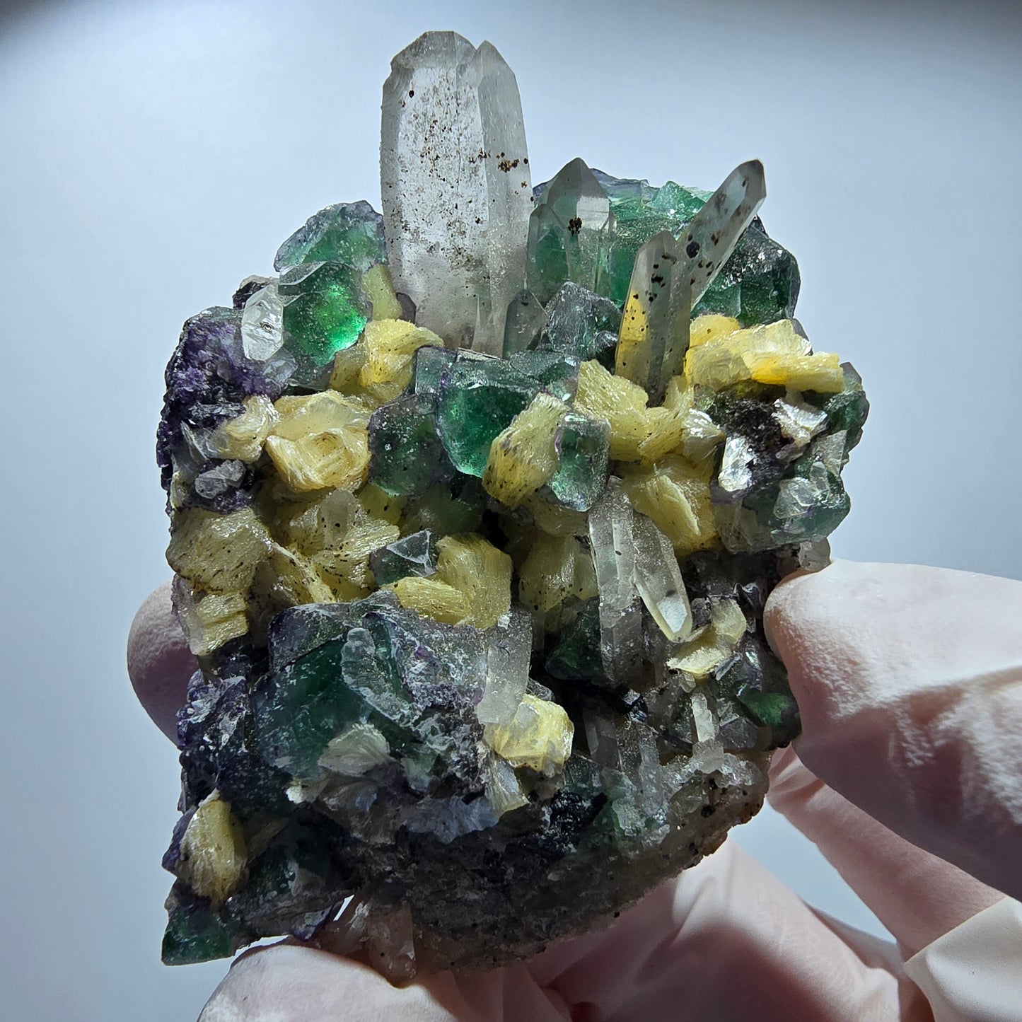 Phantom Fluorit, Hyalit, Schörl Turmalin, Rauchquarz, Muskovit Erongo, Namibia 66*49*34mm #13183