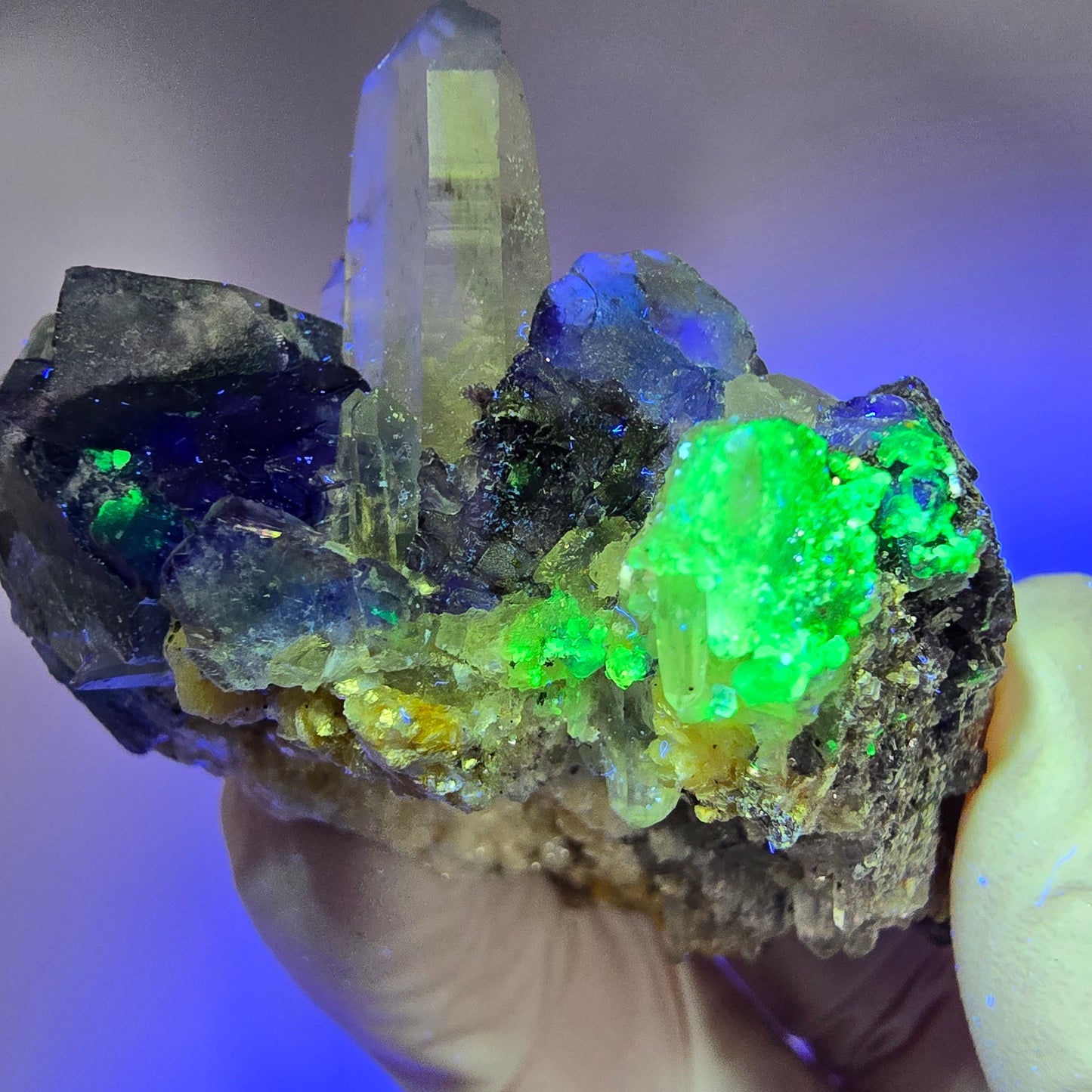 Phantom Fluorit, Hyalit, Schörl Turmalin, Rauchquarz, Muskovit Erongo, Namibia 66*49*34mm #13183