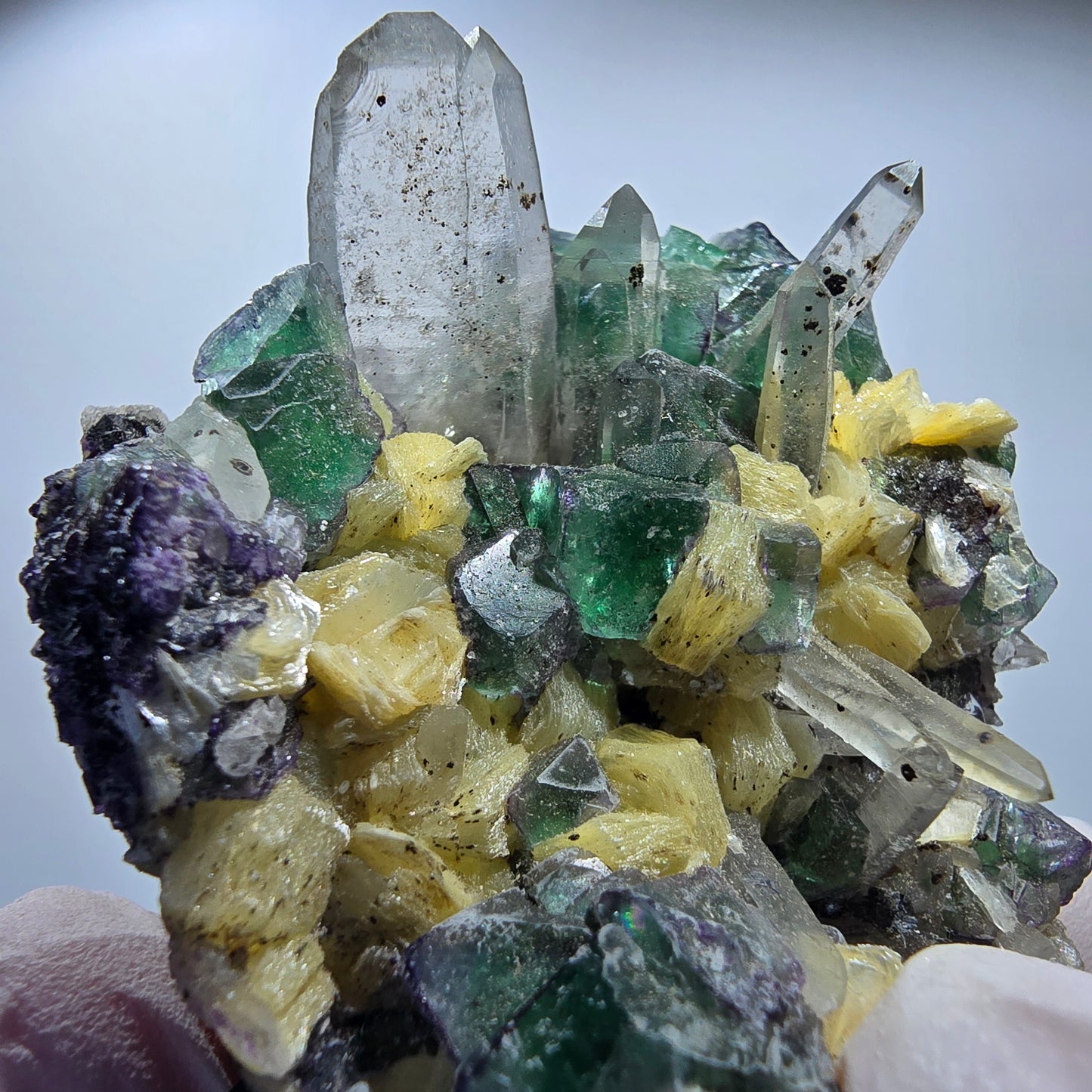 Phantom Fluorit, Hyalit, Schörl Turmalin, Rauchquarz, Muskovit Erongo, Namibia 66*49*34mm #13183