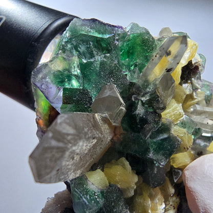 Phantom Fluorit, Hyalit, Schörl Turmalin, Rauchquarz, Muskovit Erongo, Namibia 66*49*34mm #13183