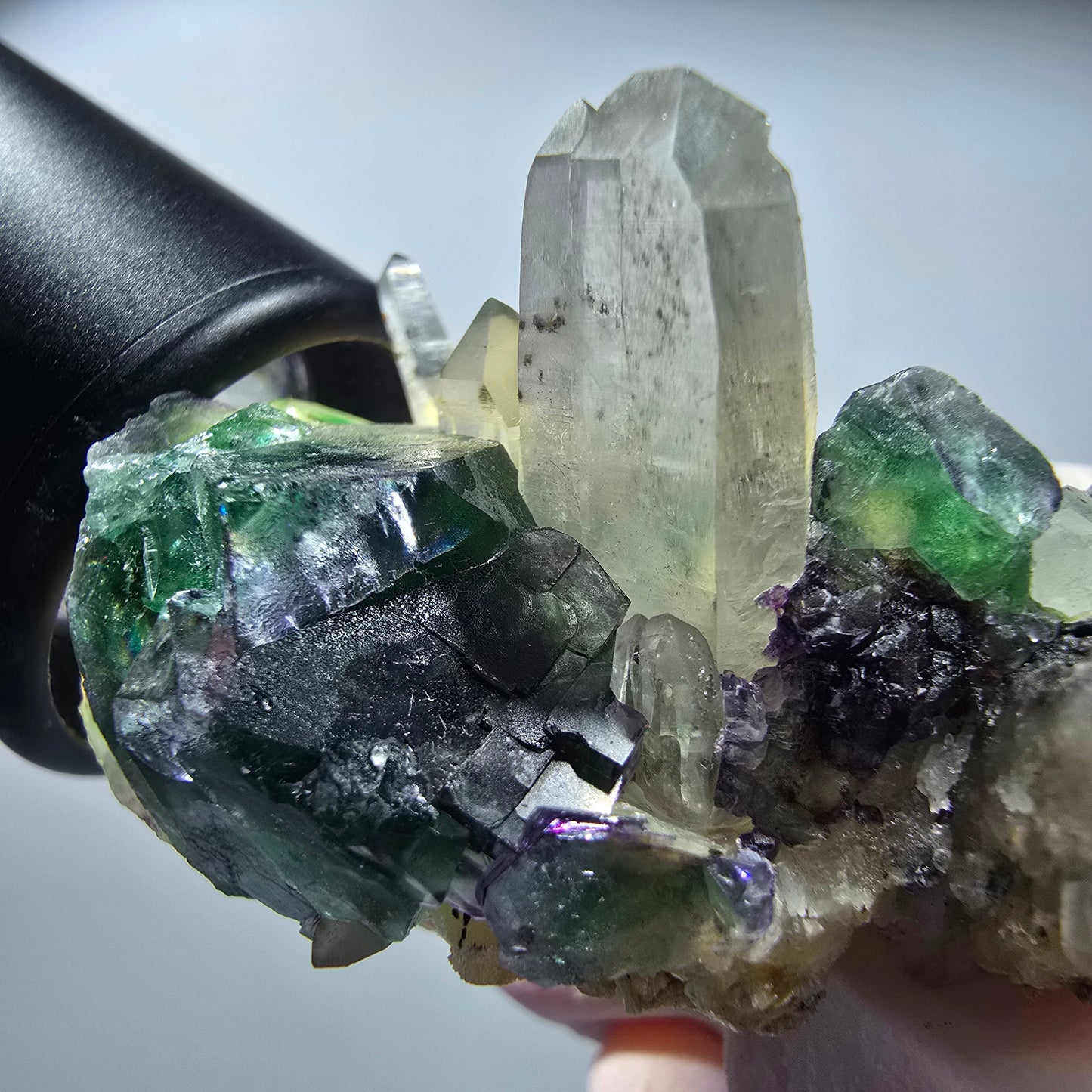 Phantom Fluorit, Hyalit, Schörl Turmalin, Rauchquarz, Muskovit Erongo, Namibia 66*49*34mm #13183