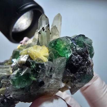 Phantom Fluorit, Hyalit, Schörl Turmalin, Rauchquarz, Muskovit Erongo, Namibia 66*49*34mm #13183