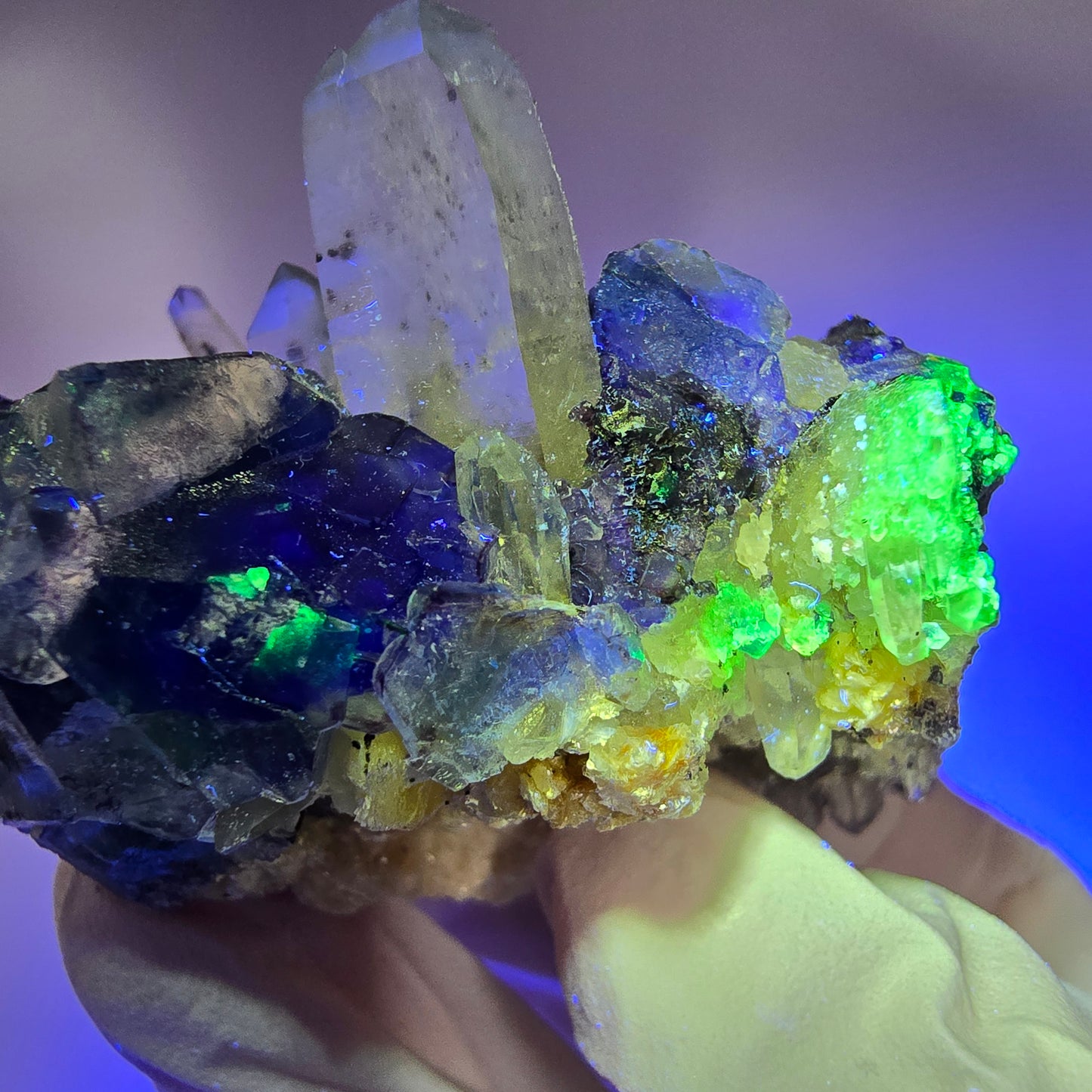 Phantom Fluorit, Hyalit, Schörl Turmalin, Rauchquarz, Muskovit Erongo, Namibia 66*49*34mm #13183