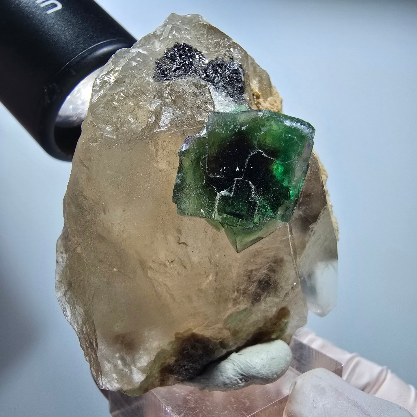 Phantom Fluorit Würfel, Hyalit Opal, Muskovit auf Rauchquarz Erongo, Namibia 58*47*39mm #13186