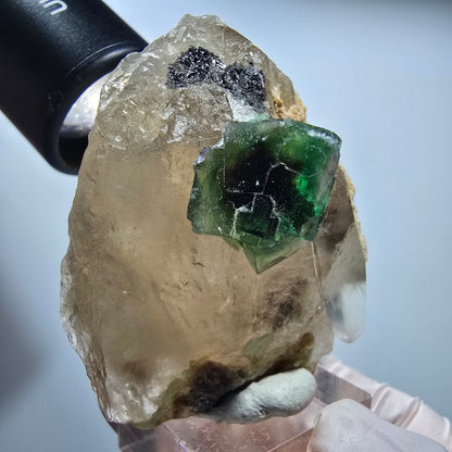 Phantom Fluorit Würfel, Hyalit Opal, Muskovit auf Rauchquarz Erongo, Namibia 58*47*39mm #13186