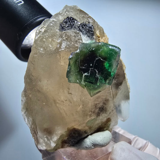 Phantom Fluorit Würfel, Hyalit Opal, Muskovit auf Rauchquarz Erongo, Namibia 58*47*39mm #13186