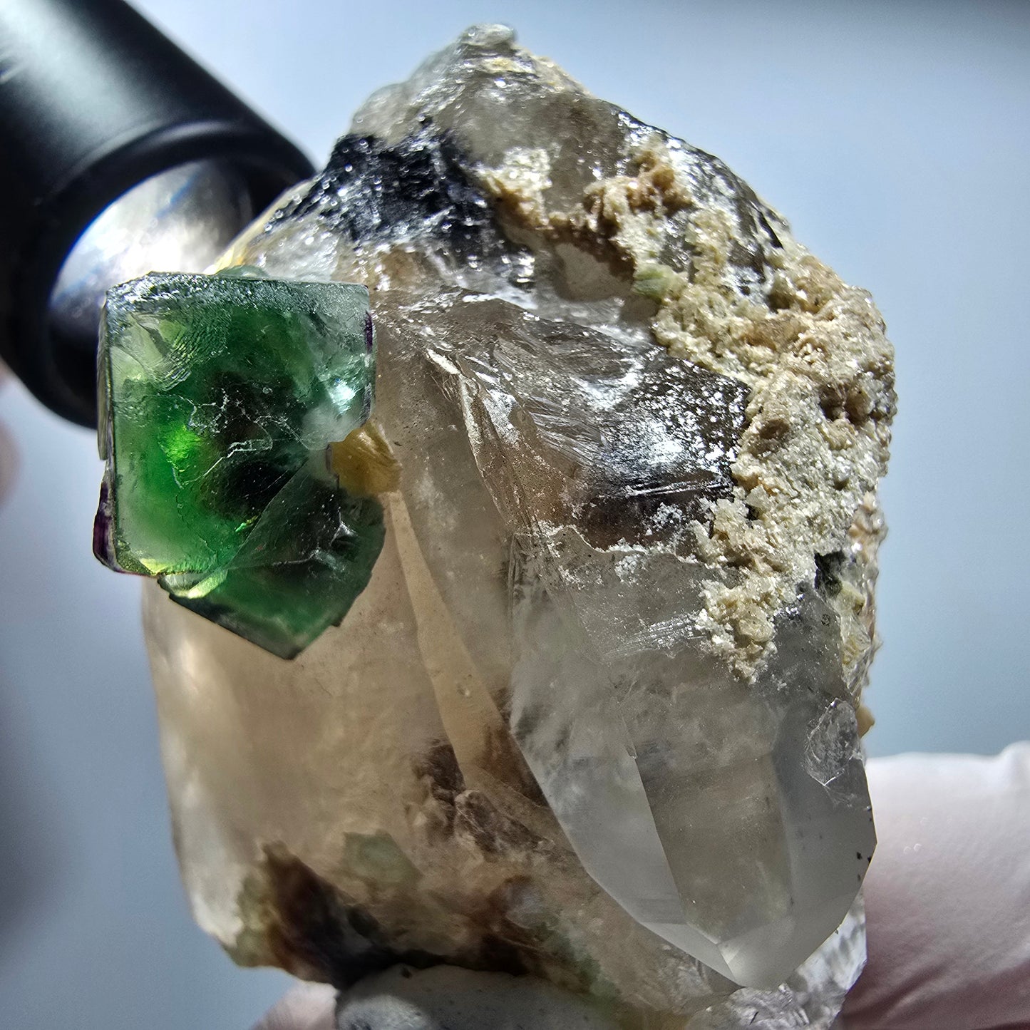 Phantom Fluorit Würfel, Hyalit Opal, Muskovit auf Rauchquarz Erongo, Namibia 58*47*39mm #13186