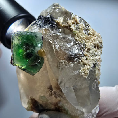 Phantom Fluorit Würfel, Hyalit Opal, Muskovit auf Rauchquarz Erongo, Namibia 58*47*39mm #13186