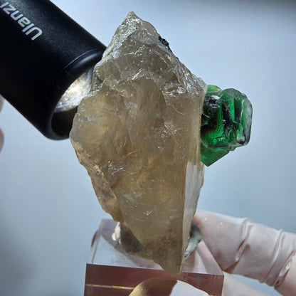 Phantom Fluorit Würfel, Hyalit Opal, Muskovit auf Rauchquarz Erongo, Namibia 58*47*39mm #13186