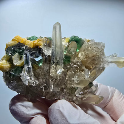 Phantom Fluorit, Hyalit Opal, Rauchquarz, Muskovit Erongo, Namibia 74*43*29mm #13187